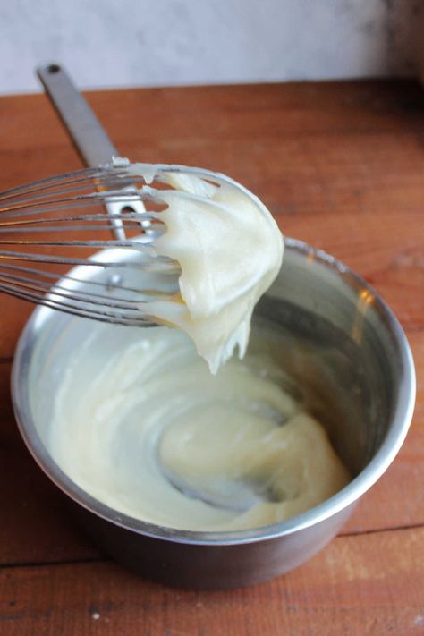 This whipped cream cheese frosting is so light and fluffy.  It has the tang of cream cheese and just enough sweetness to make it taste like frosting.  There's no powdered sugar, but you do make a milk, flour and sugar paste before you whip it up.  If you like boiled milk frosting, you are going to love this cream cheese ermine frosting! Frostings For Cakes, Boiled Frosting Recipe, Boiled Milk Frosting, Boiled Frosting, Milk Frosting, Cooked Frosting, Ermine Frosting, Fluffy Cream Cheese Frosting, Cheese Twists