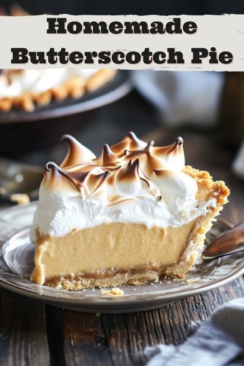 This rich, creamy butterscotch pie with toasted meringue features a velvety-smooth caramel filling and a fluffy, sticky-sweet topping. Butterscotch Banana Cream Pie, Caramel Meringue Pie, Best Butterscotch Pie, Butterscotch Pie With Meringue, Butterscotch Meringue Pie, Old Fashioned Butterscotch Pie, Old Fashion Butterscotch Pie, Amish Creamy Peanut Butter Pie, Dolly Parton Butterscotch Pie