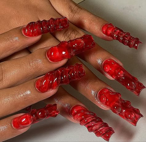 Red Gummy Bear Nails, Creative Red Nails, Red Textured Nails, Red Alt Nails, 3d Red Nails, Red Jelly Stiletto Nails, Red Clear Nails, Red Jelly Nails Design, Red 3d Nails