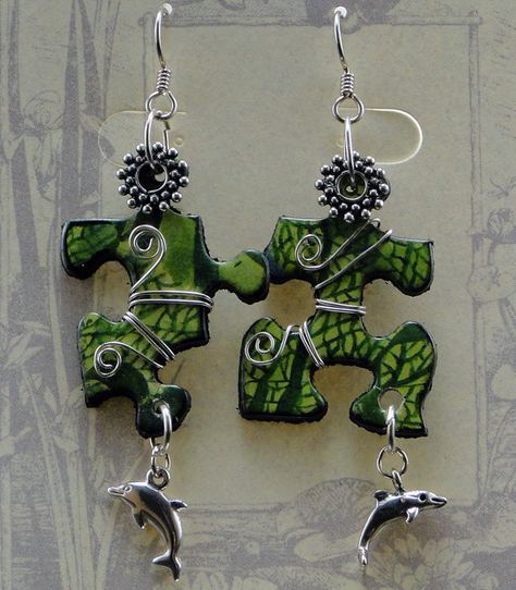 Puzzle Earrings, Jigsaw Puzzle Crafts, Puzzle Piece Art, Puzzle Piece Crafts, Mermaid Green, Found Object Jewelry, Handmade Mermaid, Puzzle Jewelry, Puzzle Crafts