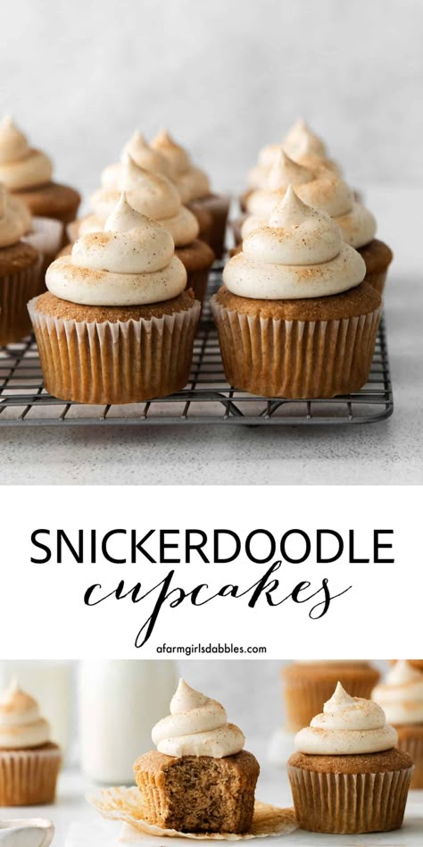 These Snickerdoodle Cupcakes are based on the classic cookie, with warm cinnamon flavor. They're easy to make, topped with swirls of sweet and tangy cream cheese frosting. Perfect for cinnamon lovers, and for birthday parties or any celebration! Spice Cupcakes With Cream Cheese Icing, Cupcake Recipes With Cream Cheese Icing, Easy Cupcake Recipe, Snickerdoodle Cupcakes, Cinnamon Cupcakes, Cream Cheese Cupcakes, Cupcake Cream, Fall Cupcakes, Easy Cupcake Recipes