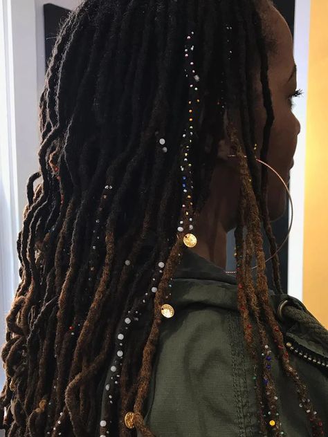 Loc Crystals, Bead Locs, Beads In Locs, Loc Sprinkles Locks, Wrapped Locs, Locs With Accessories, Loc Sprinkles, Dreadlocks Hair Care, Short Dreadlocks Styles