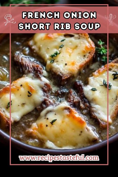 This French Onion Short Rib Soup is a hearty, comforting dish featuring tender beef short ribs and sweet caramelized onions, topped with cheesy Gruyère toast. Perfect for cozy nights, it warms both body and soul. Tender Beef Short Ribs, Short Rib Soup, Short Rib Stew, Rib Soup, Short Ribs Recipe, French Onion Soup Recipe, Chili Soup, Short Rib, Soup Season