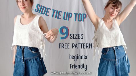 Side Tie Tank Top Sewing for Beginners | Free Pattern in 9 Sizes - Sparrow Refashion: A Blog for Sewing Lovers and DIY Enthusiasts Top Sewing Tutorial, Tank Top Tutorial, Tank Top Sewing, Tank Top Sewing Pattern, Tie Tank Top, Clothing Pattern Design, Tie Up Top, Tank Top Pattern, Diy Tops