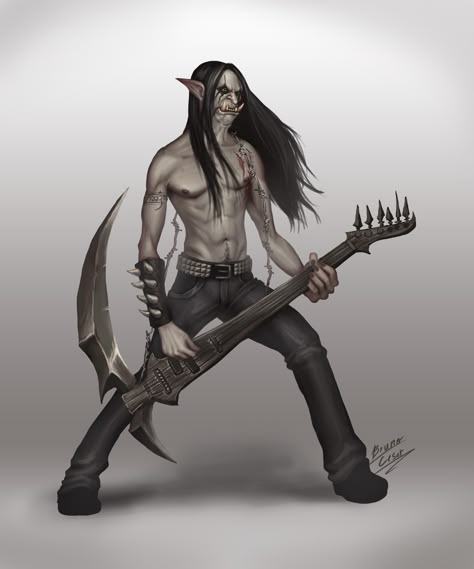 Heavy Metal Bard Dnd, Metal Bard Dnd, Bard Instruments, Character Ideas Male, Brutal Legend, Dnd Bard, Tiefling Bard, Half Orc, Pathfinder Character