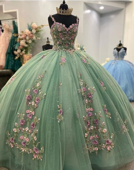 Green Quince Dress, Green Quinceanera Dresses, Green Quince, Quinceanera Themes Dresses, Sweet Sixteen Dresses, Sage Garden, Quinceñera Dresses, Sage Green Dress, Pretty Quinceanera Dresses