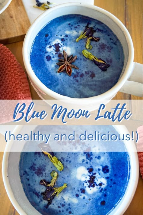 This Blue Moon Latte is made with only 2 ingredients. It's loaded with antioxidants and benefits for your skin, hair, and nails. Plus, it's delicious! Make yourself one of these gorgeous lattes today! Blue Moon Milk Recipe, Midnight Tea Party, Lavendar Latte Recipes, Tea Latte Ideas, Winter Latte Recipes, Unique Lattes, Light Blue Drink, Blue Moon Drinks, Blue Moon Milk