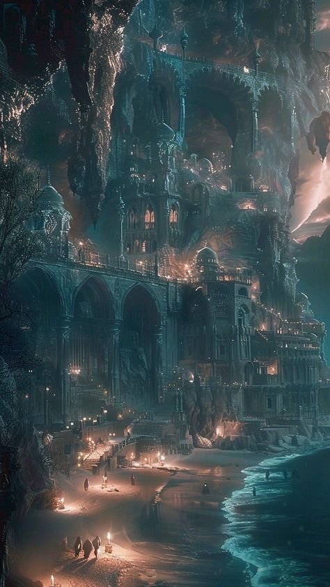 Mystical Kingdom Art, Fantasy Structures Concept Art, Magic City Aesthetic, Fantasy Locations Art, Underworld City, Fantasy World Aesthetic, King Hades, Fantasy World Art, World Concept Art