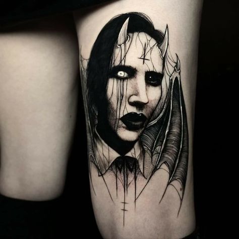 Marilyn Manson Tattoo, Lettering Malandro, Marilyn Manson Art, Kon Bleach, Pop Culture Tattoos, Rock Tattoo, Skull Sleeve Tattoos, Skull Sleeve, New Tattoo Ideas