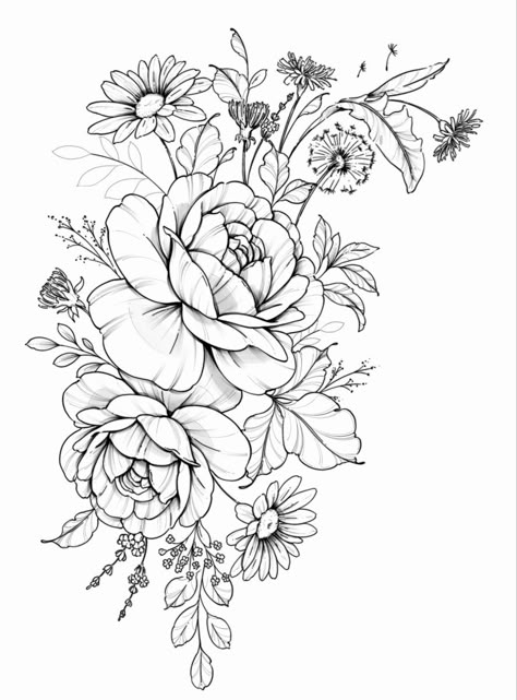 Womens Floral Tattoo Sleeve, Flower Half Sleeve Tattoos For Women Floral Art Designs, Quarter Sleeve Flower Tattoos For Women, Colored Floral Tattoo Design, Succulent And Flower Tattoo, Wildflower Tattoo Drawing, Womens Floral Arm Tattoo, Floral Arm Tattoo Design, Flower Hip Tattoo Thigh Piece Stencil