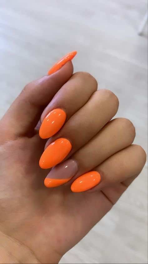 Bright Summer Nails Colors, Orange Manicure Designs, Round Neon Nails, Simple Summer Nails Neon, Cute Neon Acrylic Nails, Summer Nails Ideas Acrylic Bright Colors Neon, Summer Gel Nails Ideas Short Almond, Neon Nail Ideas Bright Colors Gel, Gel Nails Ideas Orange