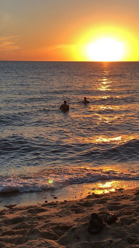 two people swimming at a distance in the ocean at sunrise Early Morning Beach Aesthetic, Morning Swim Aesthetic, Swim Aesthetic, Beach Balcony, Morning Swim, Morning Beach, Ocean Vacation, Self Care Day, Day Schedule