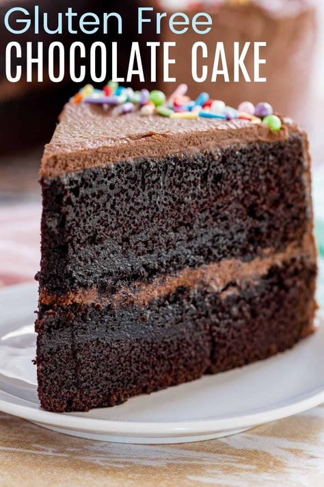 Gluten Free Chocolate Cake - the ultimate gluten free cake recipe, you won't believe how unbelievably decadent it is, especially with rich chocolate frosting! Nobody will ever believe it is gluten free. And it's easy to make as a layer cake or a snack cake in a sheet pan. Best Gluten Free Chocolate Cake, Chocolate Cake Cupcakes, Gluten Free Chocolate Cake Recipe, Homemade Chocolate Frosting, Gluten Free Cake Recipe, Gluten Free Chocolate Cake, Chocolate Mud Cake, Easy Gluten Free Desserts, Easy Gluten Free Recipes