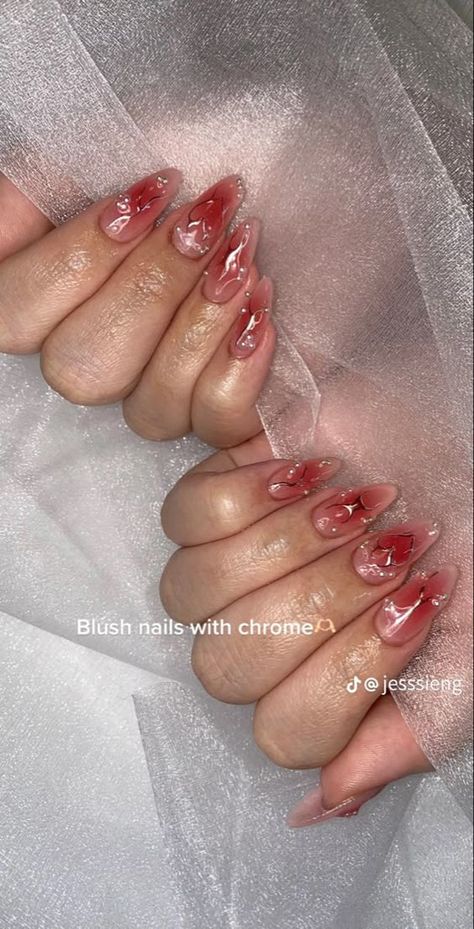 Jell Acrylic Nails, Korean Jelly Nails Acrylic Almond, Red Y2k Nails Almond, Red Translucent Nails, Douyin Nails Oval, Blush Nails With Design, Kali Uchis Aesthetic Nails, Asian Nails Red, Cherry Red Nails Aesthetic