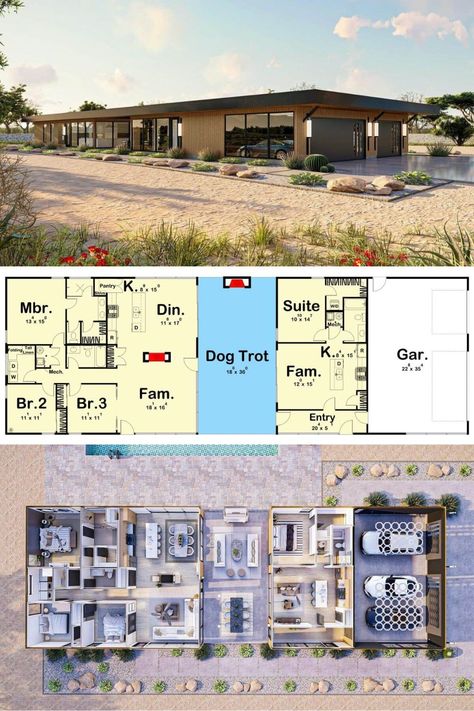 Multi House Family Compound Layout, Home With Apartment Attached, Multi House Family Compound Floor Plan, Multi Family House Plans Shared Kitchen, Two Suite House Plans, Small Multi Generational House Plans, Single Story Multi Generational House Plans, Small Multigenerational House Plans, Single Story House Floor Plans With In Law Suite