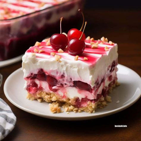 Cherry Cheesecake Lush | InesKohl Kitchen Cherry Cheesecake Lush, Cream Cheese Cobbler, Cheesecake Lush, Strawberry Cream Cheese Cobbler, Lush Desserts, Lush Recipes, Vanilla Wafer Crust, Cherry Bars, Chocolate Cobbler