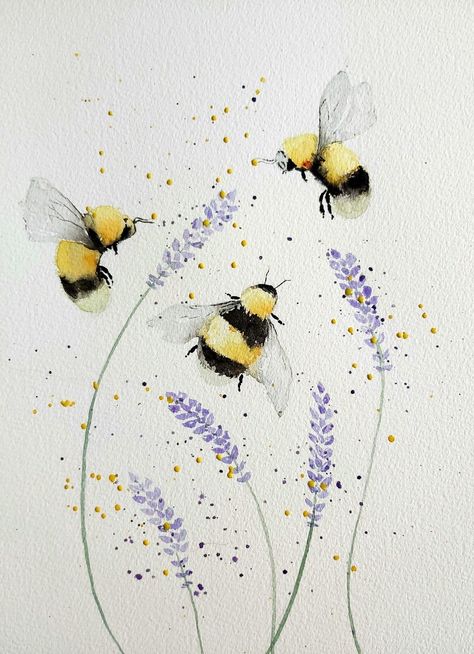 Bumble Bee Drawing, Honey Bee Watercolor, Bee Paintings, Bee Drawing, Bee Painting, Paint Inspo, Flowers Painted, Watercolor Flower Art, Bee Art