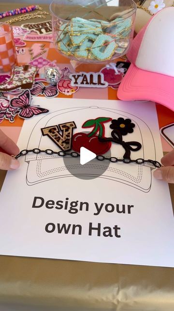 Amanda Albrecht your Real Estate Bestiee on Instagram: "DIY hat Bar party! This is a fun activity for girls night or a Birthday party and easy to set up!  On a table set out an assortment of hats, they come in many fun colors. On another table set out an assortment of iron on patches. The options are endless and the more you have the more unique the hats will be.   I also included hat jewelry these come in many styles, shapes and colors and really make the hats special. It’s easier to design on a flat surface so I included print outs of hats for guests to design on!   Once everyone has their hat designed how they want them, you use a mini heat press or hat press to iron on the patches.   It’s fun to see everyone’s personality shine through their hat and it doubles as a take home party favo Patch Bar Party, Hat Bar Birthday Party, Hat Decorating Party, Hat Press Ideas, Diy Hat Bar Party, Hat Party Ideas Ladies, Patch Party Birthday, Hat Bar Party, Trucker Hat Bar Ideas