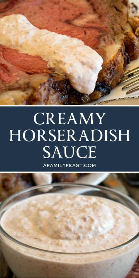 This Creamy Horseradish Sauce is cool and creamy with a gentle heat, and spooned on top of a slice of prime rib – it helps balance and enhance the richness of the meat. #horseradishsauce #saucerecipes Creamy Horseradish, Creamy Horseradish Sauce, Horseradish Sauce, Sauces And Dips, Gravy Sauce, Sauces And Dressings, Savory Sauce, Prime Rib, Tapenade