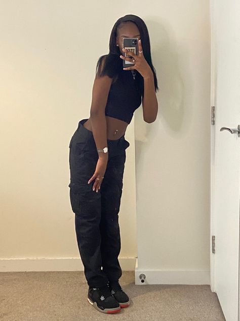 Jordan 4s Women Outfit, Style Jordan 4 Women, Jordan Bred 4 Outfit Women, Styling Jordan 4s Women, Bred Reimagined Jordan 4 Outfit, J4 Outfits Women, Jordan 4 Outfit Women Black, Bred 4 Outfit Women, Black Jordan 4 Outfit