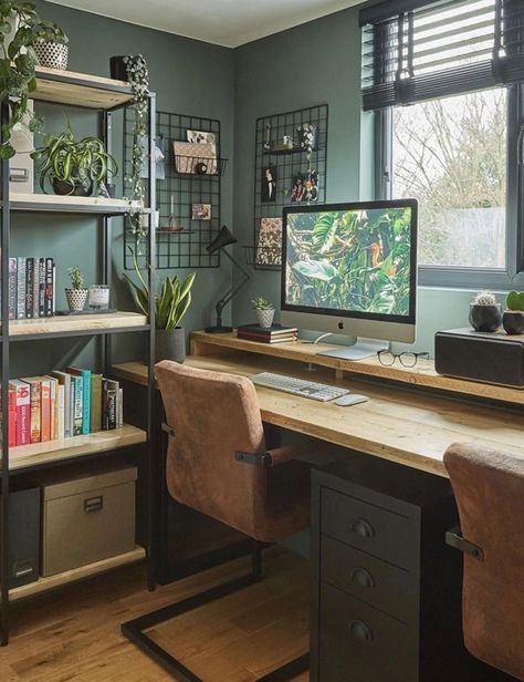 Table And Bookshelf Design, Small Office Spare Bedroom, Spare Room Office Ideas, Small Desk Setup Ideas, Small Study Room Ideas, Cozy Hobby Room, Music Office Room, Small Bedroom Office Ideas, Small Office Guest Room