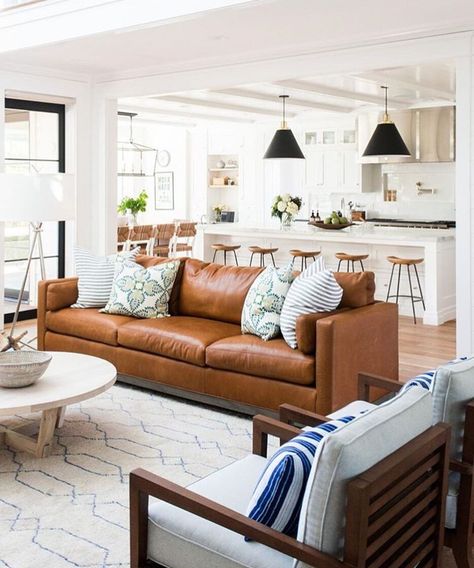 bright and airy family room with cognac leather couch Sofa Kulit, Furnitur Ruang Keluarga, Lots Of Windows, Leather Couch, Room Remodeling, Couches Living Room, Lounge Room, Farmhouse Living, Living Room Inspiration