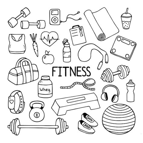 Workout Aesthetic Drawing, Fitness Symbols Icons, Gym Equipment Illustration, Cartoon Dumbell, Dumbell Doodle, Gym Vector Art, Gym Doodle Art, Workout Drawings Art, Kettlebell Drawing