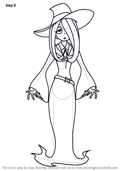 Learn How to Draw Sucy Manbavaran from Little Witch Academia (Little Witch Academia) Step by Step : Drawing Tutorials Witch Body Poses Drawing, Witch Stuff Drawing, A Witch Drawing, Cartoon Witch Drawing Easy, Witch Costume Drawing, Witch Drawing Aesthetic, How To Draw A Witch, Witch Drawing Base, Witch Drawing Easy