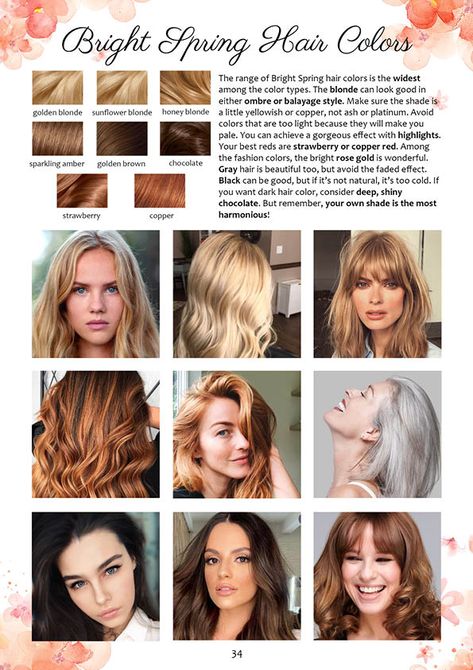 Bright Spring Color Palette and Wardrobe Guide | Dream Wardrobe Spring Color Palette Hair Colors, House Of Colour Spring Hair, Bright Spring Eye Color, Spring Colored Hair, Best Hair Color For Bright Spring, Hair Colors For Bright Spring, Clear Spring Blonde Hair, Spring Season Hair Color, Bright Spring Brown Hair