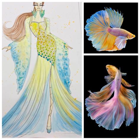 Fish Dress Fashion Style, Fish Inspired Outfit, Fish Dress Fashion, Koi Fish Dress, Fish Inspiration, Fashion Dress Design, Figure Template, Hand Painted Saree, Painted Saree