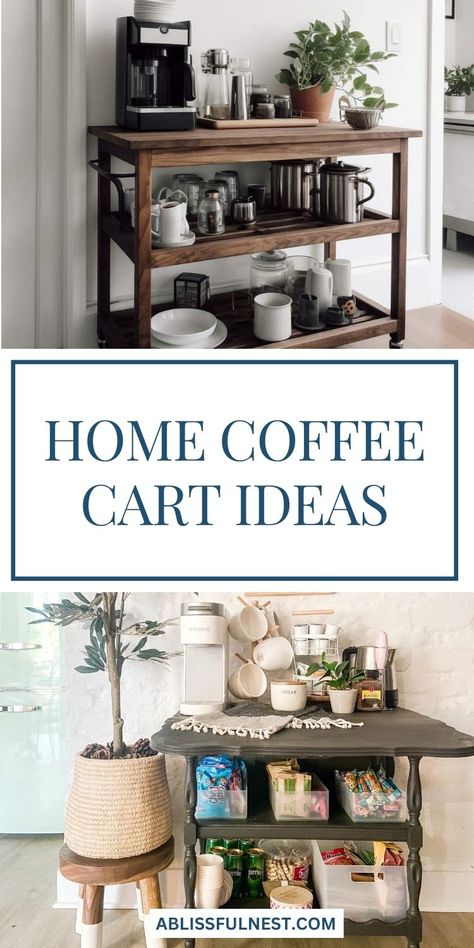 Don't let limited space cramp your coffee style! Home coffee cart ideas are perfect for maximizing your kitchen or living room. A rolling cart can be easily moved and stored away when not in use, making it a versatile and practical addition to your home. Plus, it's a stylish way to showcase your favorite coffee accessories and create a charming focal point in any room. #smallspaces #coffeebar #coffeecartideas Coffee And Tea Cart, Coffee Cart Ideas Home, Thrifted Coffee Bar, Diy Microwave Cart, Coffee Station Cart, Home Coffee Cart, Coffee And Bar Cart, Tea Cart Ideas, Rolling Cart Ideas