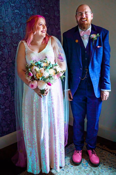 Iridescent Realness: A Super Pink & Sparkly Wedding with BTTF, Harry Potter and Idles References! · Rock n Roll Bride Opal Wedding Dress, Iridescent Wedding Theme, Alternative Wedding Dress Modern Bride, Platonic Wedding, Cyberpunk Wedding, Iridescent Wedding Dress, Campy Wedding, Festival Wedding Dress, Alternative Bride Dress