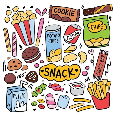 Snack Drawing Cute, Food Design Drawing, Drawing Of Food Easy, Food Cute Wallpaper, Foods Drawing Cute, Doodle Drawings Food, Kawaii Snacks Drawing, Food Drawing Doodles, Doodle Ideas For Kids