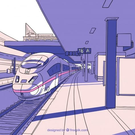 Hand-drawn high-speed train station Free Vector Subway Train Drawing, Anime Train Station, Anime Subway, Subway Background, Futuristic Train Station, Train Station Drawing, Station Anime, Aesthetic Train Station, Train Future