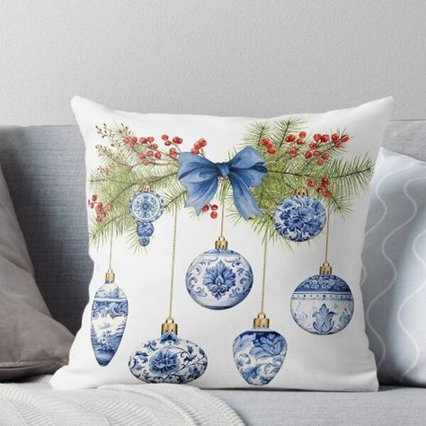 Super soft and durable 100% spun polyester Throw pillow with double-sided print. Cover and filled options. Beautiful Blue Chinoiserie art incorporated in lovely Christmas art. Created by Jean Plout. Blue White Chinoiserie Christmas Tree, Chinoiserie Bathroom Decor, Blue And White Decorating Ideas, Blue And White Kitchen Decor, Blue Willow Decor, Chinoiserie Christmas Tree, Blue White Pottery, Blue Decorations, Botanical Christmas