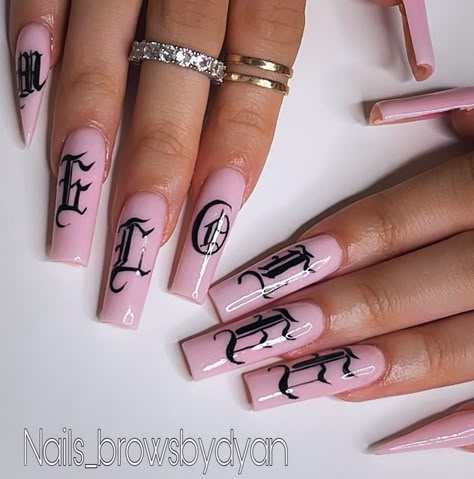 Old English Acrylic Nails, Old English Letters On Nails, Old English On Nails, Old English Nail Art, Nail Word Art, Old English Letter Nails, Gothic Letter Nails, Old English Font Nails, Lettering On Nails