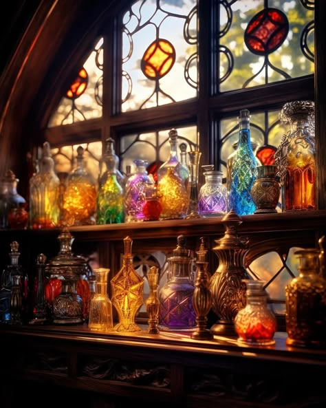 Witches Bedroom, Wizard Study, Potion Aesthetic, Potion Cabinet, Blender Room, Props Illustration, Witch Bedrooms, Potion Shop, Medieval Core