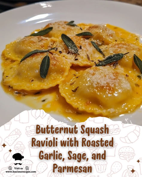 Indulge in the cozy flavors of fall with this Butternut Squash Ravioli recipe featuring roasted garlic, sage, and Parmesan. Perfect for a comforting evening meal. Butternut Squash Ravioli Brown Butter Sage, Sage Ravioli Recipe, Butternut Squash Ravioli Sage Butter, Butternut Squash Ravioli With Sage Sauce, Roasted Butternut Squash Ravioli, What To Make With Butternut Squash Ravioli, Butternut Squash Ravioli Maple Cream Sauce, Butternut Ravioli Sauce Recipe, Pumpkin Ravioli Filling Recipe