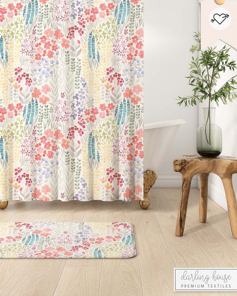 Colorful Cottagecore, Shower Curtain White, Curtain White, Bohemian Bathroom, Floral Shower Curtain, Fabric Shower Curtain, Bath Mats, Watercolor Floral, Shower Curtains