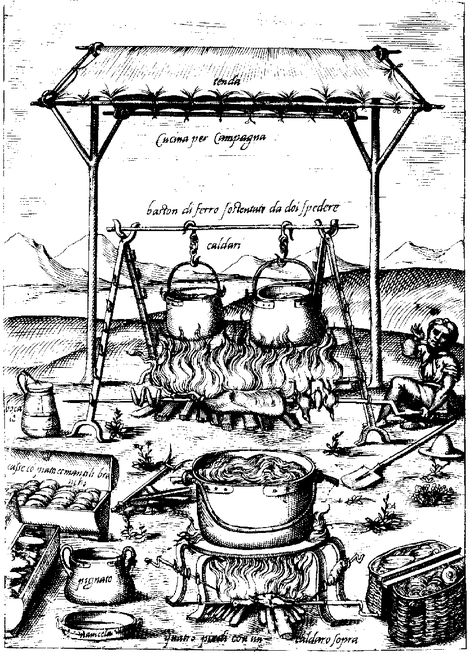 Medieval chaudrons - Engraving of pots and other kitchen utensils in full use. From the gallery : Middle Age. Just Color : Discover all our printable Coloring Pages for Adults, to print or download for free ! Medieval Party, Medieval Market, Medieval Life, Food History, Medieval Times, Historical Images, Cooking Equipment, Living History, Medieval Art