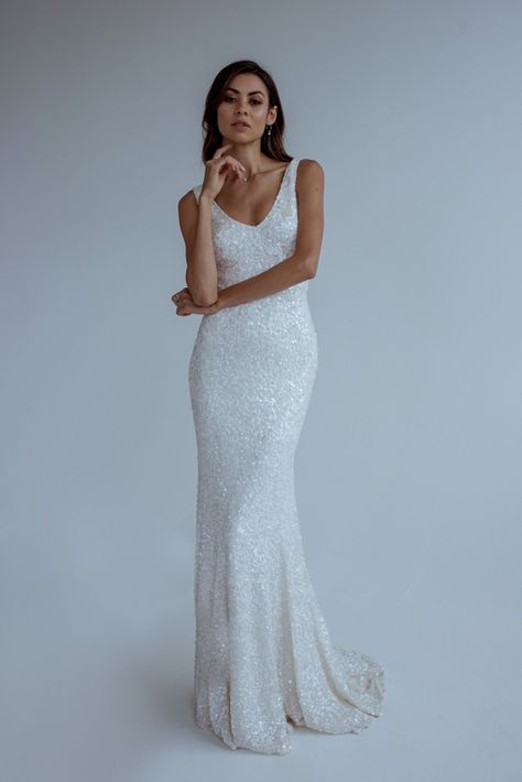 Karen Willis Holmes Slinky Wedding Dress, Sequin Wedding Dresses, Sequins Wedding Gown, Wedding Dresses Australia, Karen Willis Holmes, Wedding Dress Sequin, Preowned Wedding Dresses, Sequin Wedding, Wedding Dresses Beaded