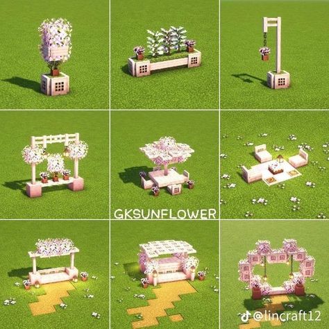 House In Cherry Blossom Minecraft, Cherry Blossom Ideas Decor, Minecraft Building Ideas Outside Decor, Minecraft Greenhouse Decor, Love Garden Minecraft, Minecraft Designs Cherry Blossom, Pink Building Minecraft, Easy Mc Builds, Mc Fountain Ideas