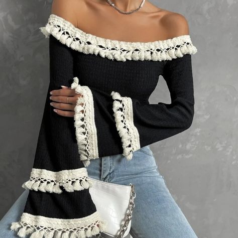 Length 13", Sleeve Length 21.5", Is Best 30.7" Cuff 18.5", Bicep Length 11.6" Black Stretchy Cropped Top Boho Applique, Applique Top, Crochet Summer Tops, Black Blouse Long Sleeve, Black Off Shoulder, Flounce Sleeve, Crop Top Blouse, Fringe Trim, Off Shoulder Tops