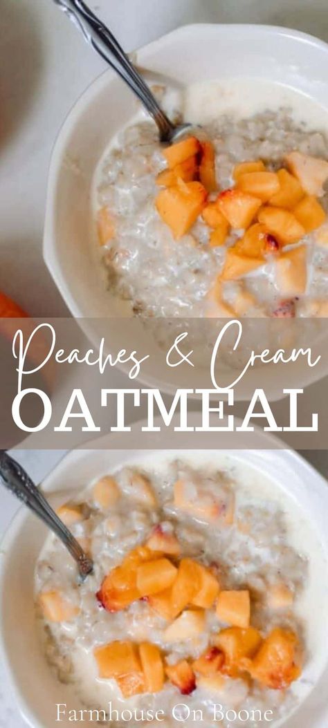 The creamiest and most delicious peaches and cream oatmeal starts with farm fresh peaches, combined with oats, milk, cream, maple syrup, and brown sugar. A yummy summertime breakfast. #farmhouseonboone #peachesandcreamoatmeal #oatmeal #breakfast Homemade Peaches And Cream Oatmeal, Peaches Oatmeal, Oatmeal With Peaches, Ab Recipes, Peaches And Cream Oatmeal, Eating Intuitively, Oatmeal With Almond Milk, Peach Oatmeal, Crockpot Oatmeal