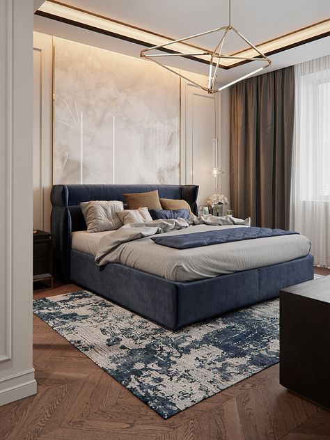 9RR_Evropa on Behance Blue Bed, Modern Luxury Bedroom, Modern Bedroom Interior, Luxury Bedroom Design, Luxury Living Room Design, Luxury Bedroom Master, Bedroom Bed Design, Luxury Bedroom, Bedroom Furniture Design