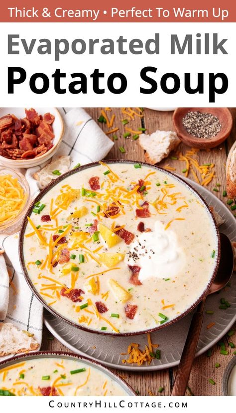 This evaporated milk potato soup is smooth, creamy, and loaded with deliciousness. The easy recipe is quick and easy to make with a few simple ingredients. The soup tastes just like a loaded baked potato and can only be described as comfort food in a bowl. It's loaded up with your favorite toppings, like cheddar, bacon, sour cream, and green onions and embodies everything you love about baked potatoes. Canned evaporated milk makes the soup rich without being too heavy. | CountryHillCottage.com Potato Soup Evaporated Milk Crock Pot, Crockpot Potato Soup With Evaporated Milk, Creamed Potato Soup, Evaporated Milk Potato Soup, Potato Soup Without Sour Cream, Potatoe Bacon Soup Recipe Crock Pot, Evaporated Milk Dinner Recipes, Potato Soup With Evaporated Milk Recipe, Potato Soup With Canned Diced Potatoes