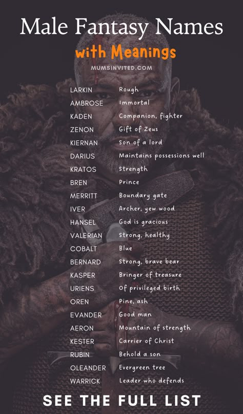 Discover dark, unique & cool male fantasy names with deep meanings. From powerful kings & evil villains to mysterious elves & daring pirates, find the perfect name for your fantasy character. Explore Asian-inspired names, royal fantasy names for princes & Kings & warrior names with dark aesthetics. Get ideas for your fantasy book or RPG campaign with our comprehensive list of over 600 short strong male fantasy names. Male character names. Male names and meanings. boy names with meanings. Celtic Male Names And Meanings, Dark Guy Names, Best Character Names Male, Male Norse Names, Fantasy Book Name Ideas, Fantasy Royal Last Names, Names That Mean Gold, Names For Villains, Mythical Names Male