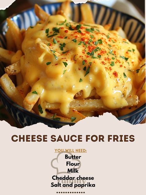 🧀 Cheese Sauce for Fries: Creamy, cheesy, and irresistibly dip-worthy! #CheeseLovers Cheese Sauce for Fries Ingredients: Butter (2 tbsp) Flour (2 tbsp) Milk (1 cup) Cheddar cheese, grated (1 cup) Salt and paprika (to taste) Instructions: Melt butter; whisk in flour. Gradually add milk; cook until thickened. Off heat, add cheese, salt, paprika; stir until smooth. Serve warm with fries. 🍴 Elevate your snack time with our Cheese Sauce, perfect for drizzling over fries or as a decadent dip! #... Cheese Sauce Recipe For Fries, Cheese Sauce For Fries, Cheese Fries Sauce, French Fries With Cheese, Fries Sauce, Sauce For Fries, Melted Cheese Sauce, Chilli Cheese Fries, Cheese Dip Recipes