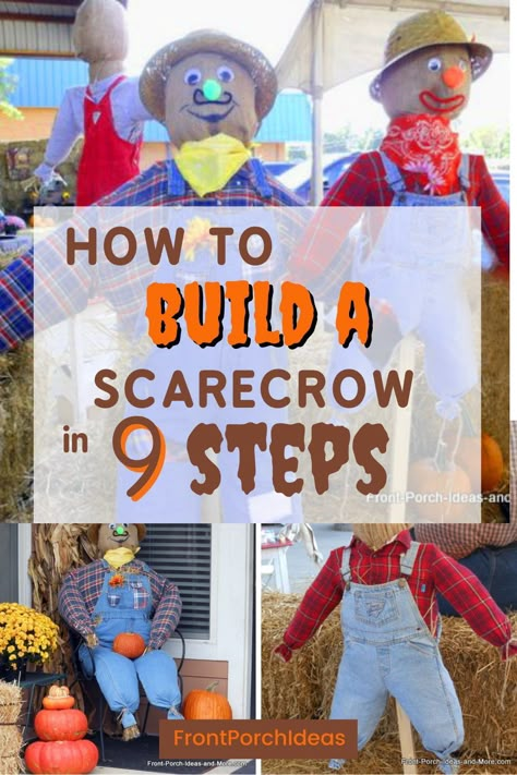 Learn how to build a scarecrow in 9 easy steps. This fun, diy Fall front porch décor is sure to be a hit with the whole neighborhood. Add this scarecrow craft to your Fall décor. Diy Outdoor Scarecrow Decoration, Diy Large Scarecrow, Fall Scarecrow Ideas Yard, Halloween Decorations Scarecrow, Diy Cute Scarecrow Decor, Diy Scarecrows For Porch, How To Make Your Own Scarecrow, Homemade Scarecrow Ideas, How To Make An Easy Scarecrow