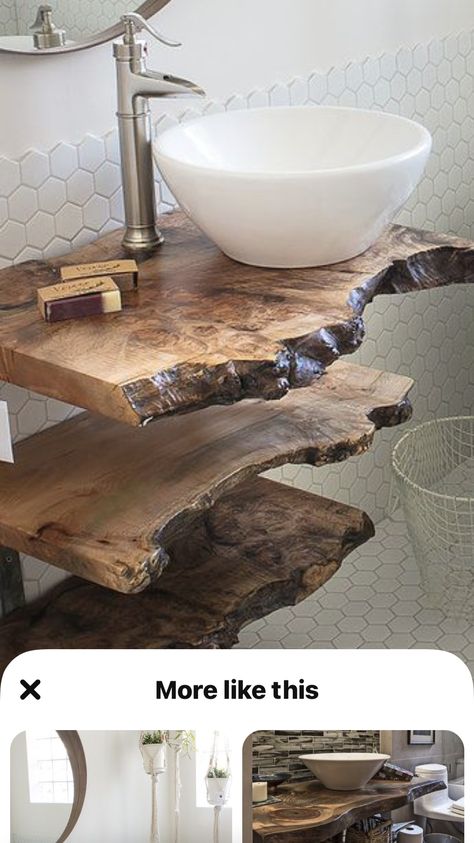 Wash Stand Sink, Live Edge Vanity, Log Cabin Bathroom, Rustic Bathroom Shower, Unit Bathroom, Small Bathroom Decor Ideas, Countertop Shelf, Bathroom Vanity Unit, Cookie Embosser